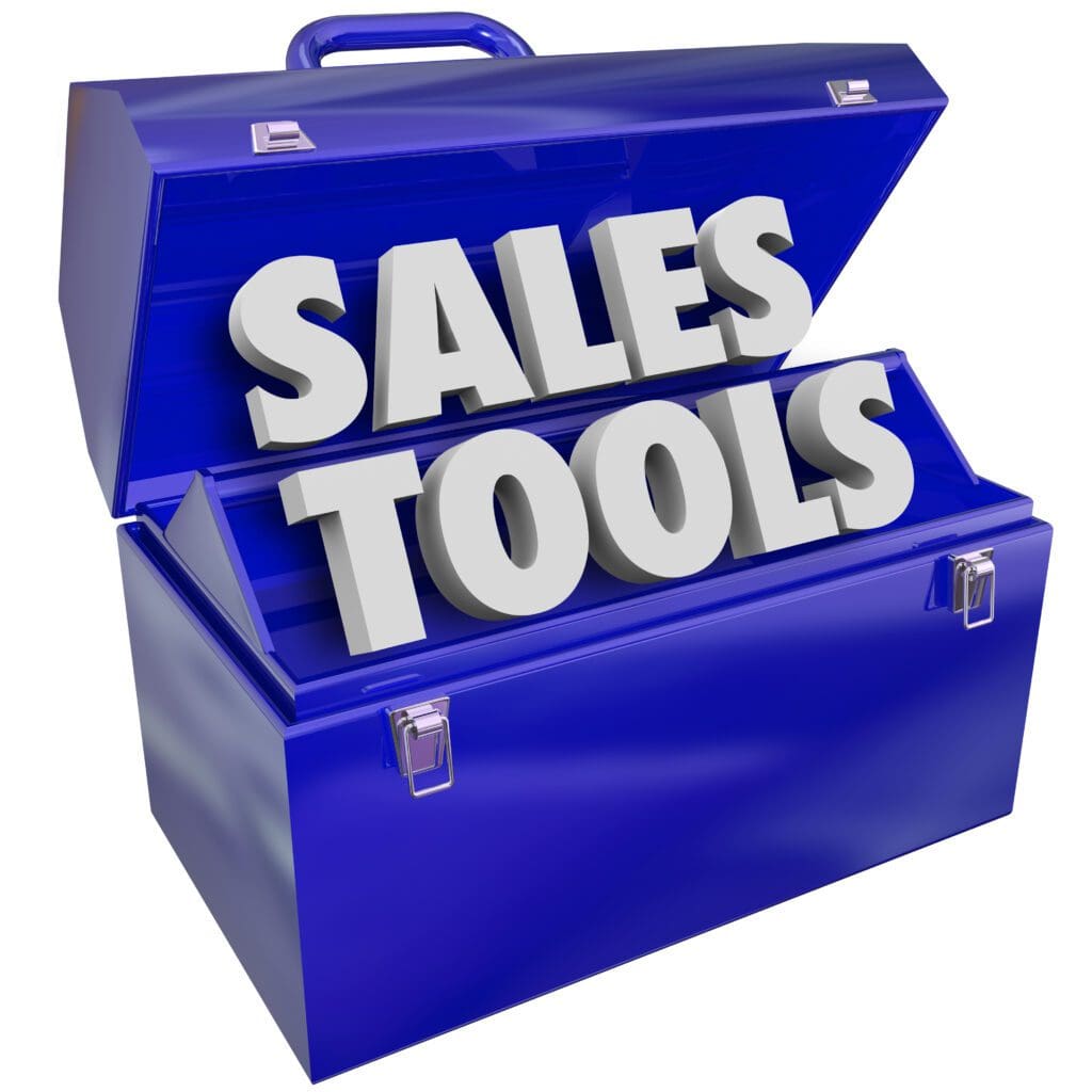 blue tool box with words "sales tools"