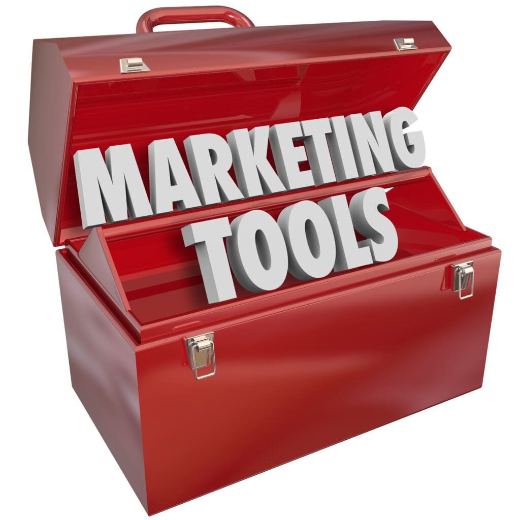 red tool box with words "marketing tools"